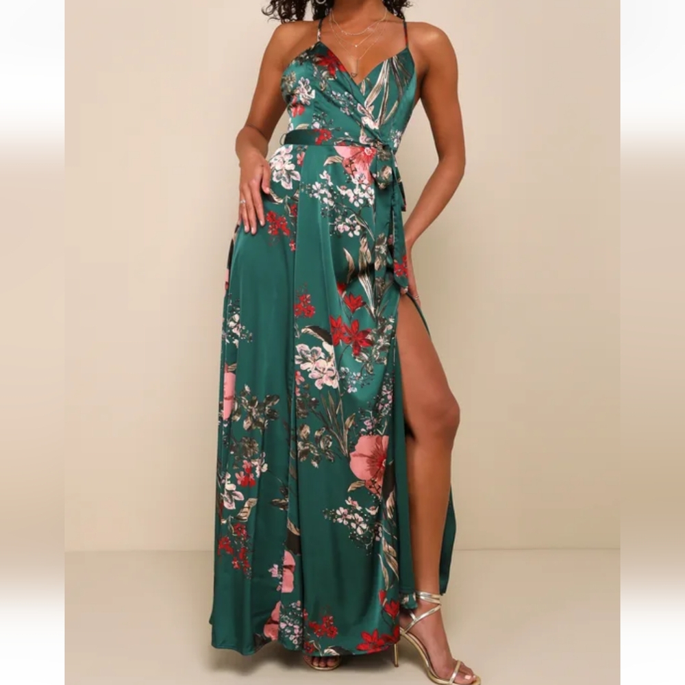 Lulu's Emerald Green Floral Maxi Dress with Pink & Red Accents